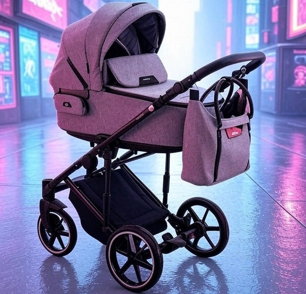 Adamex Zico — wózek głęboko-spacerowy w kolorze szarego melanżu z czarnym stelażem. Nowoczesny design na tle neonowej ulicy.